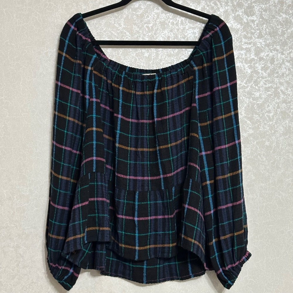 LOFT Black Plaid Off-Shoulder Blouse with Pink, Teal, and Mustard Stripes